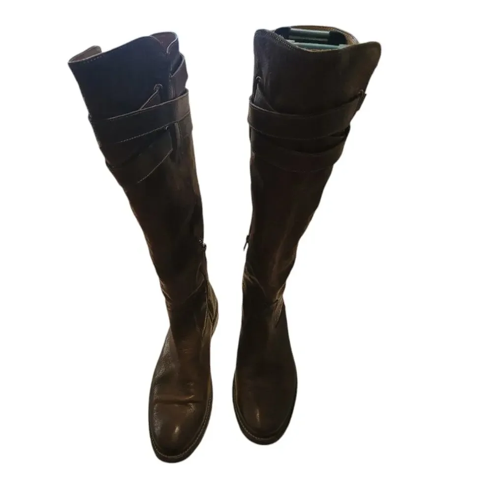 Frye Tall Riding Boots Shirley Strappy Women Brown Leather Buckle Zipper 8 B